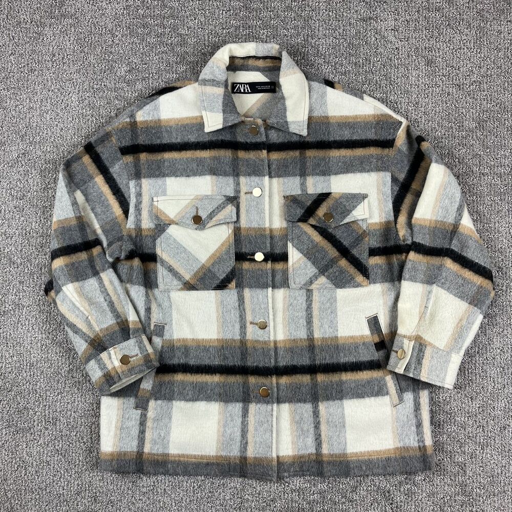 Zara Shacket Jacket Womens Small Plaid Wool Blend Overshirt Pockets